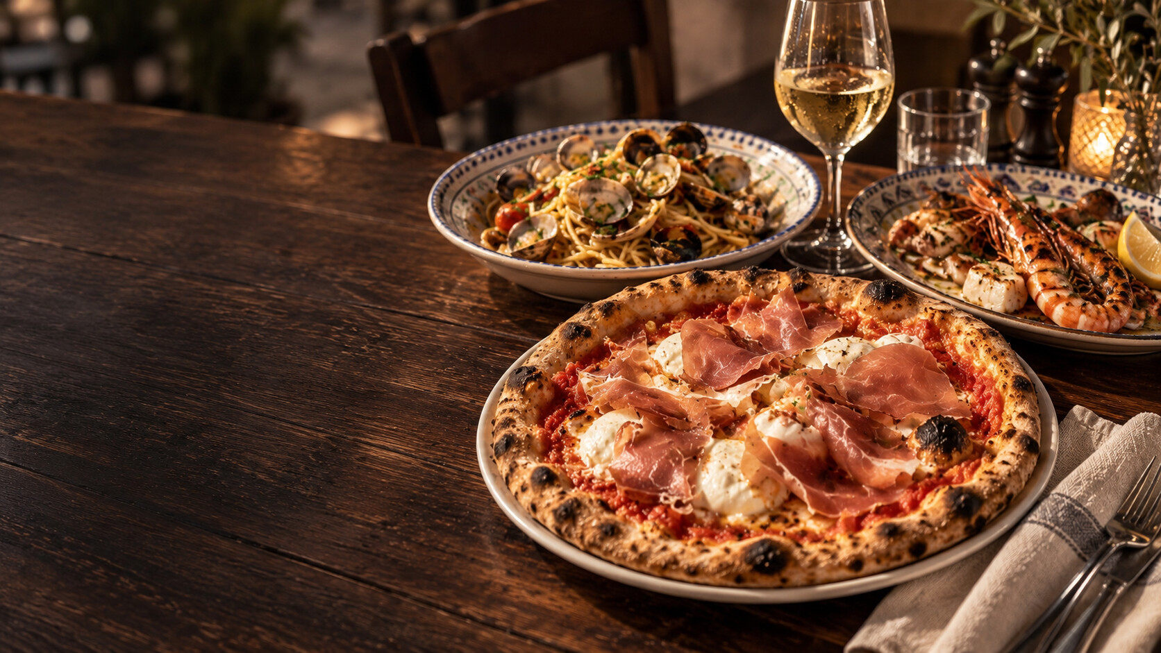 Pizza, pasta alle vongole e pesce alla griglia del Ristorante Al Sole