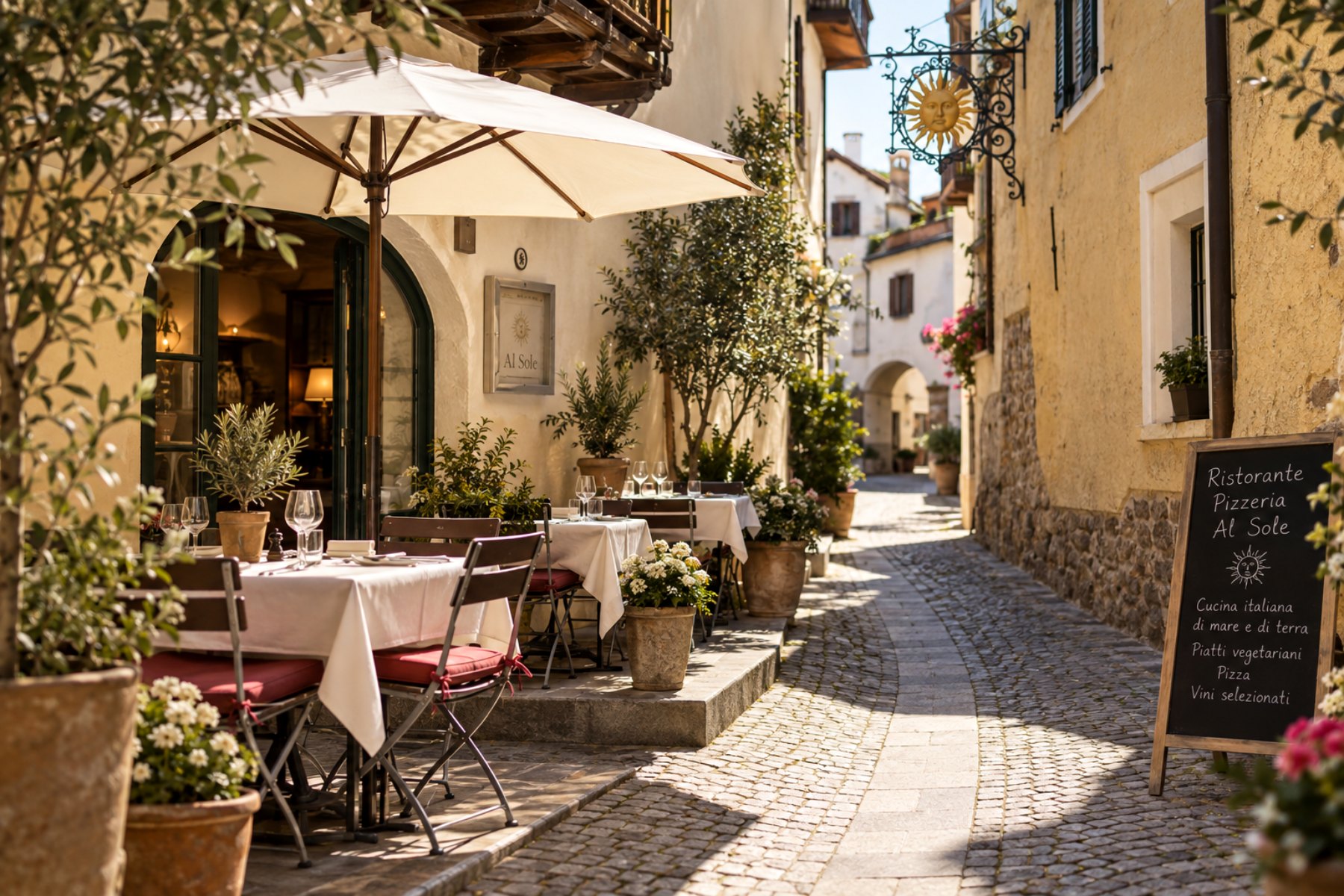 I tavoli all'aperto del Ristorante Al Sole in Vicolo del Sole ad Appiano