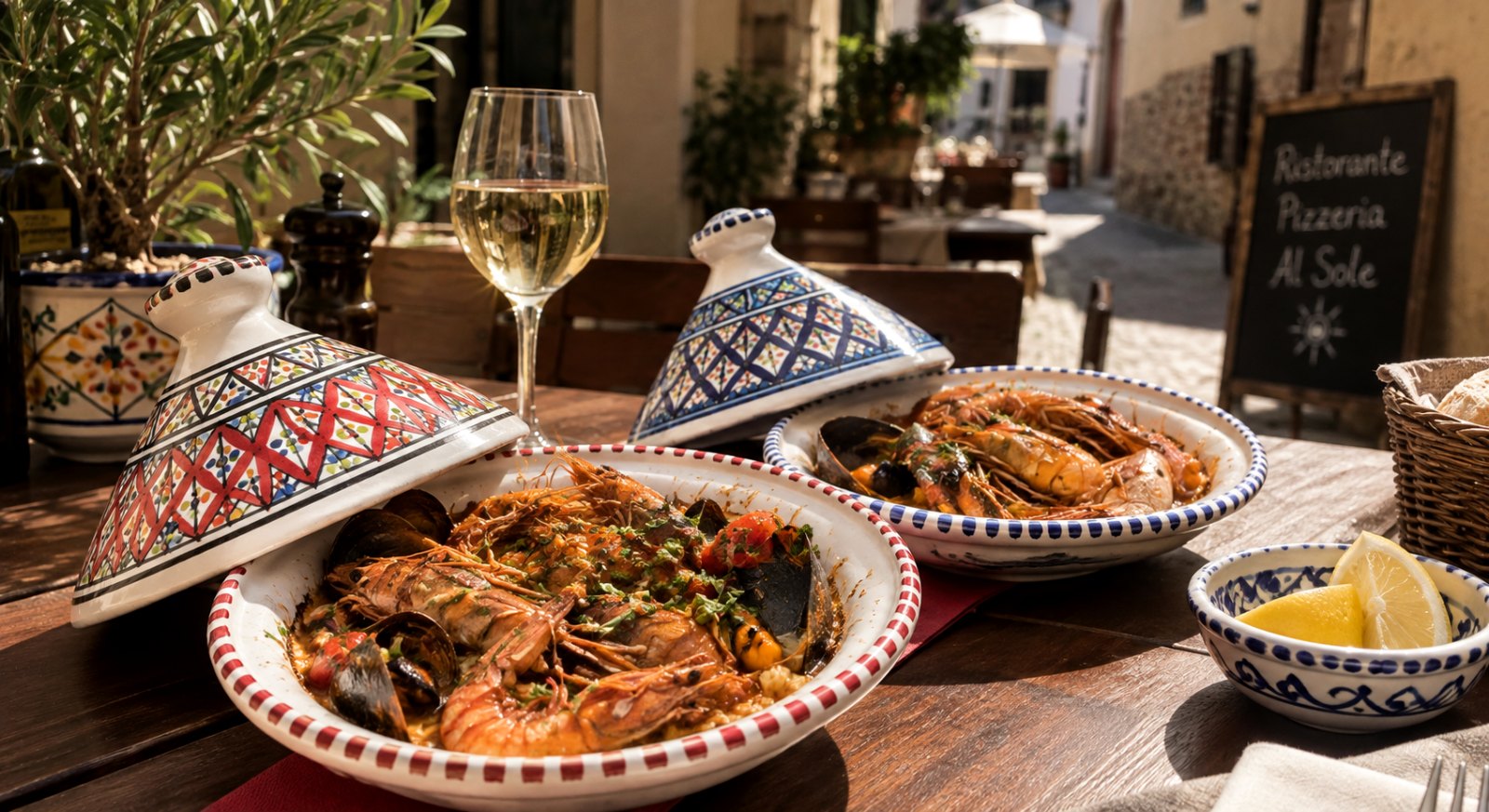 Couscous di pesce servito in tajine ai tavoli nel vicolo